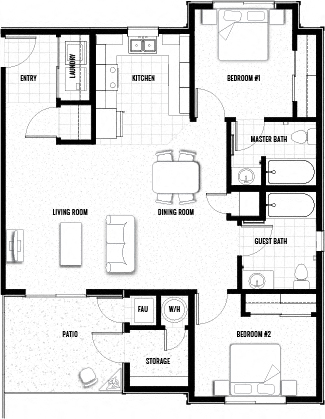 Floor plan for 2 beds, 2 baths, 911 sqft
